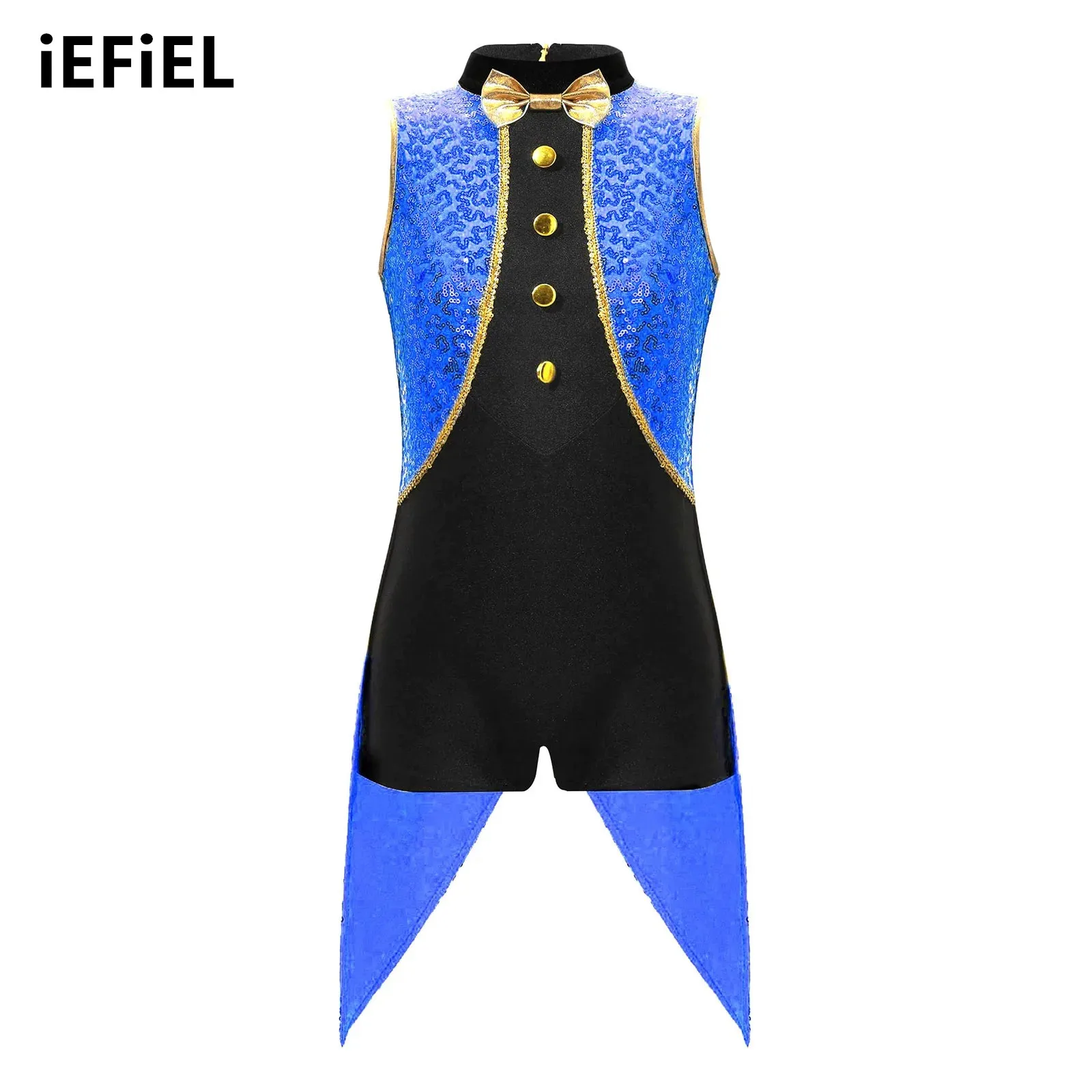 

Kids Girls Circus Magician Jumpsuit Mock Neck Sleeveless Shiny Sequins Cosplay Costume with Bowtie And Coattails Performance