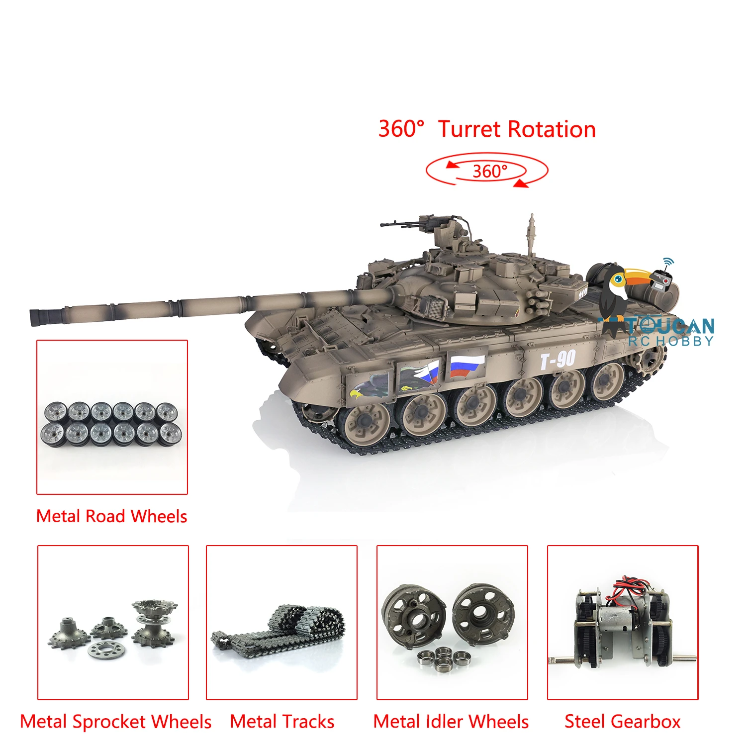 Henglong 1/16 RC Military Tank 7.0 Customized Russia T90 RC 3938  Rechargeable Remote Control Tank Metal Wheels TH17869-SMT6
