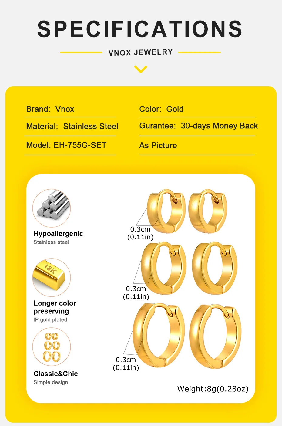 Vnox Creolen-Set aus Edelstahl für Damen, 3 Paar pro Set, glatter vergoldeter Modeschmuck, Ohrkreis-Piercing-Ohrringe – Detail 4