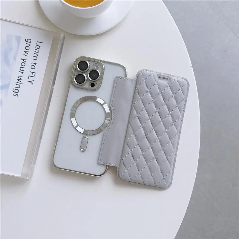 Elegant Lattice Leather Wallet Flip Case with Magsafe Wireless Charging Compatibility