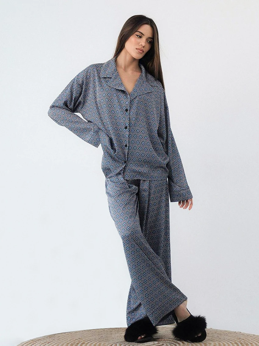 Marthaqiqi Printing Female Pajamas Suit Sexy Turn-Down Collar Sleepwear Long Sleeve Nightgowns Pants Casual Ladies Nightwear Set