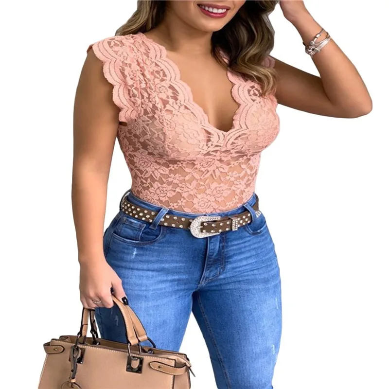 Women Lace Deep V Neck Sleeveless Summer Blouse