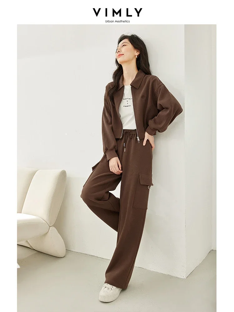 Vimly Women's Sports Suits Vintage Zipper Crop Jacket Tracksuit Autumn Winter Female Matching Sets 2023 Casual Sweatsuit M3917 casual velvet tracksuit women 3 piece set hooded zipper sweatsuit top tank skinny leggings pants jogging suit matching sets yoga