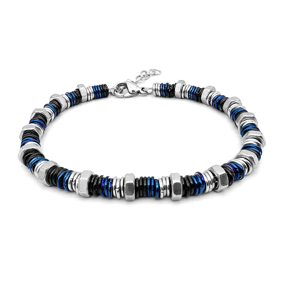 Runda Men's Stainless Steel Bracelet Blue Circle Link Chain Adjustable Size 22cm Fashion Handmade Bracelet Luxury Brand for Men