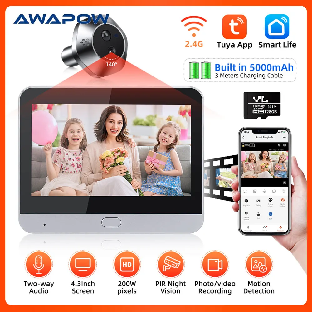 Video Doorbell Camera Awapow 4.3inch Tuya Peephole Doorbell Smart Door Camera Two Way Audio Video Door Viewer Night Vision Motion Detection