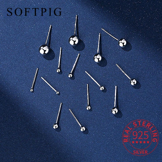 SOFTPIG Real 925 Sterling Silver 2/3/4/5/6mm Bead Stud Earrings for Women Classic Fine Jewelry Ear Hole Care Accessories