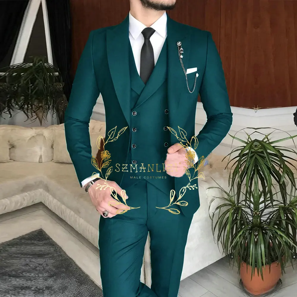 Male Suits Slim Fit 3 Pieces Peak Lapel Dark Green Classic Men Wedding Suits Groom (Blazer+Vest+Pants) Costume Homme mens suit
