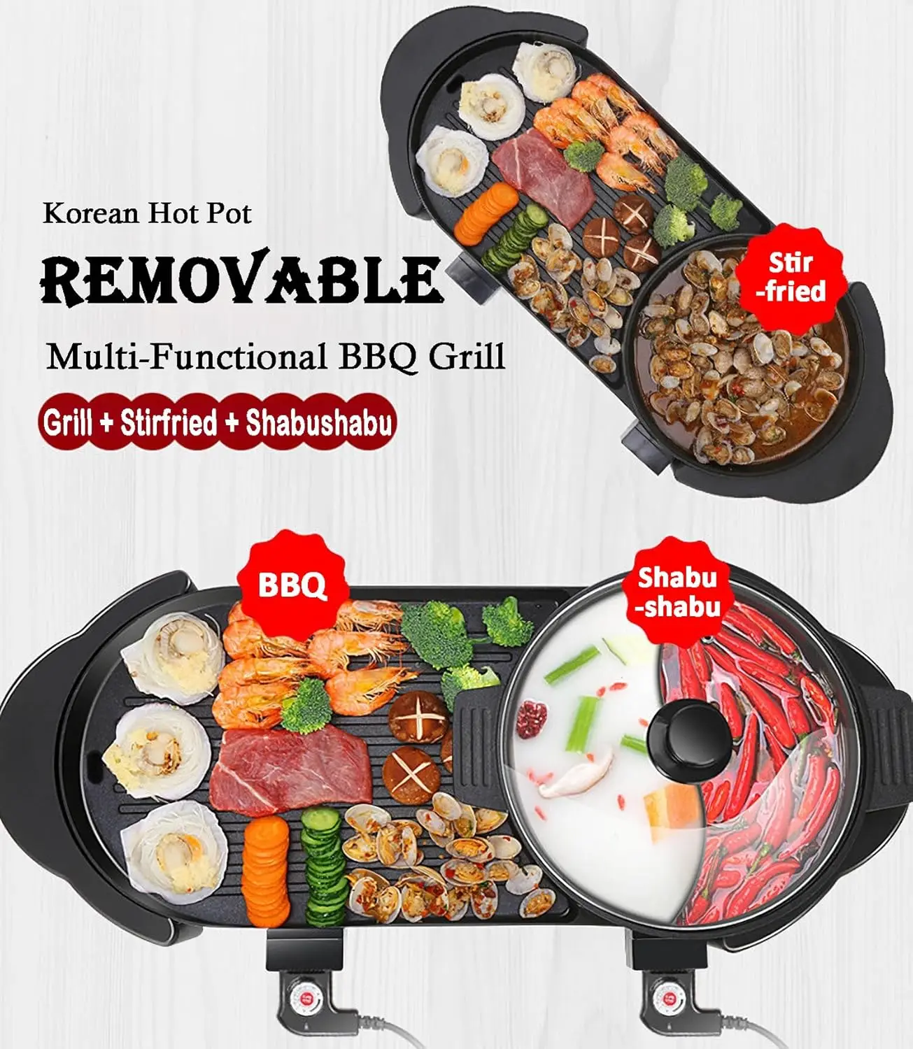 Pot with Grill, Electric Hot 2 in 1 Shabu Shabu Hot Korean BBQ Grill, Removable Hotpot 1200W / Large Capacity Ba 3