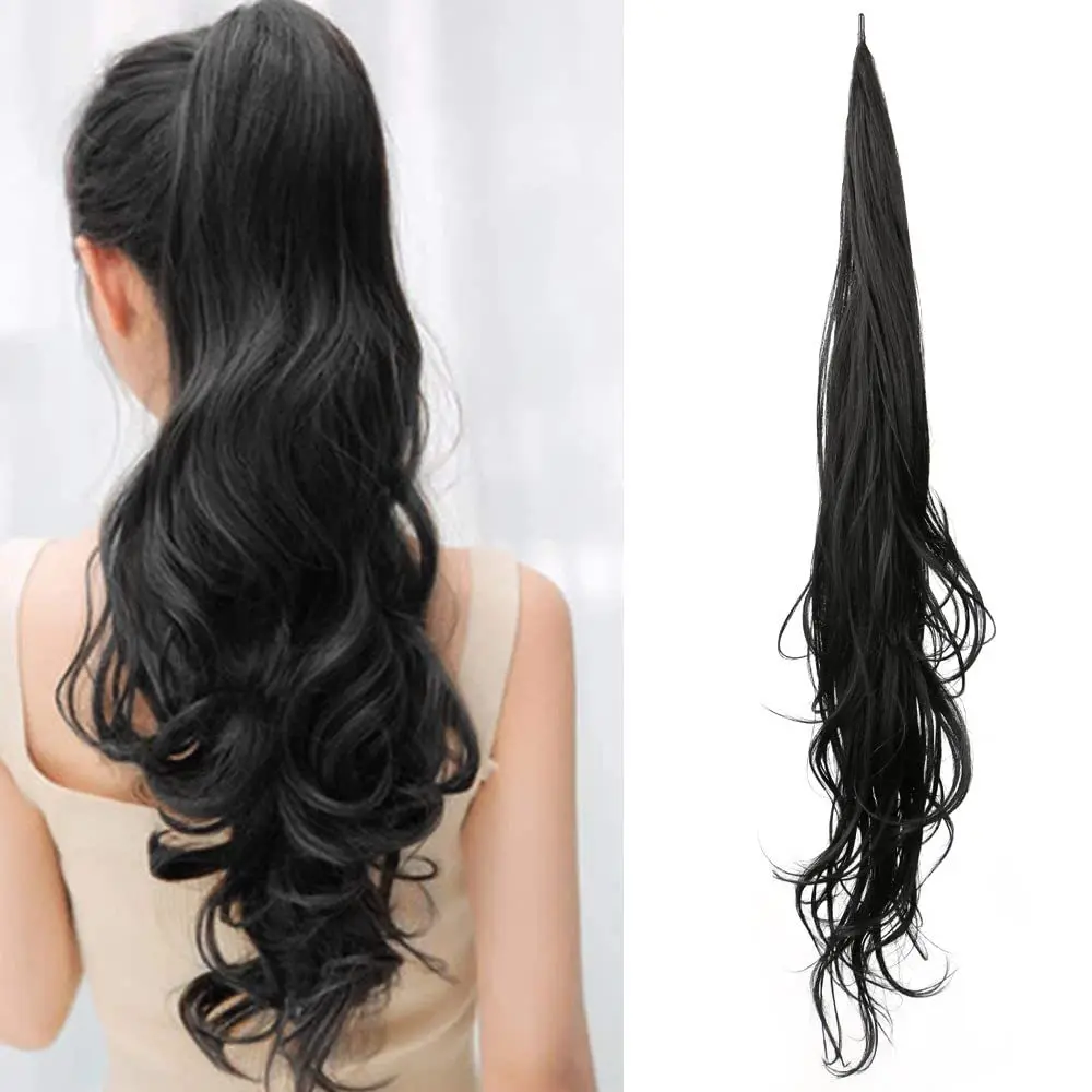 32inch Synthetic PonyTail Long Layered Flexible Wrap Around Fake Tail Hair Extensions Natural Curly Hairpiece for Women images - 6
