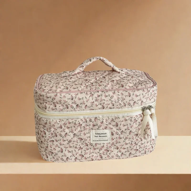 Vintage Rosa Blume Frauen Make-Up Lagerung Handtasche Reise Orgainzer Make-Up Tasche Große Kapazität Damen Kosmetik Quilt Tasche