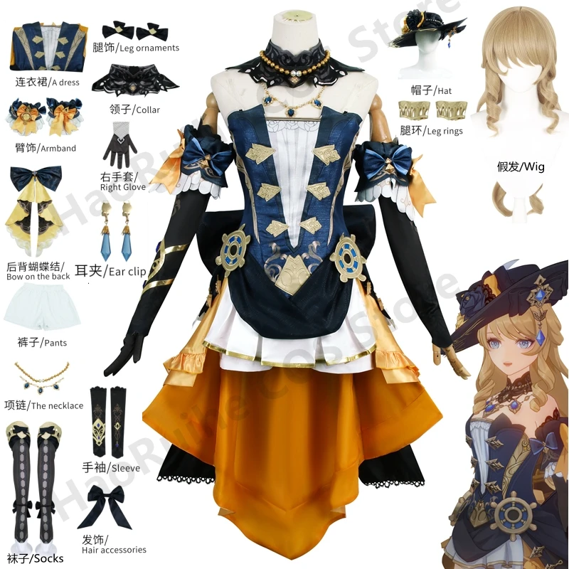 Gioco Genshin Impact Navia Cosplay Costume Parrucca Vestito Uniforme 19,5 Spina Di Rosula Cappello Orecchini Guanti Collana Clorinde Party