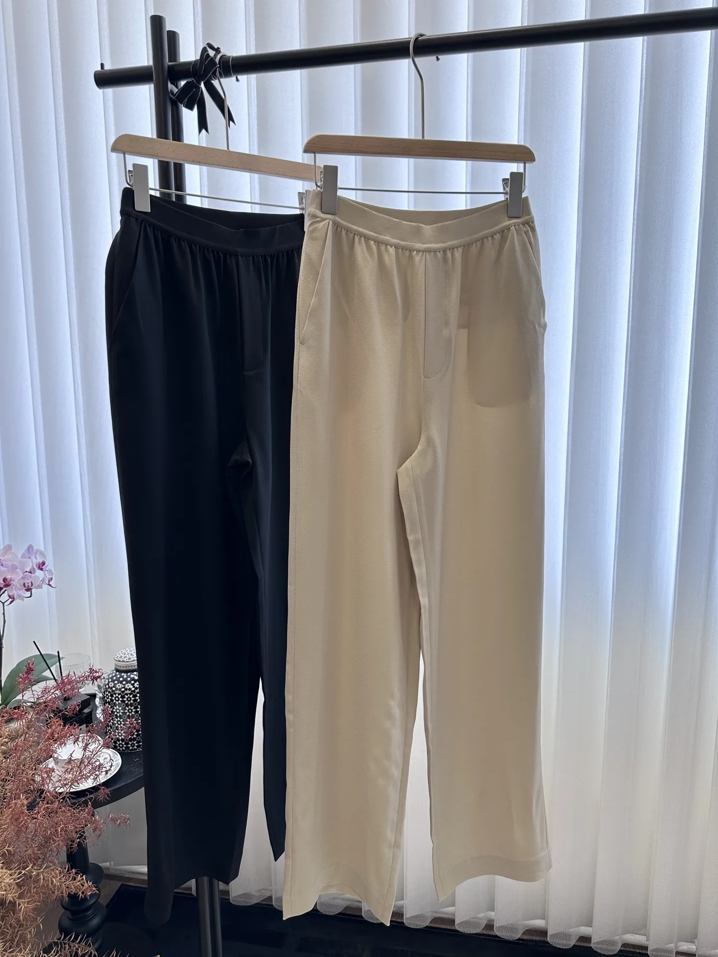 

The new acetate blend pants make the fabric drier and more drape