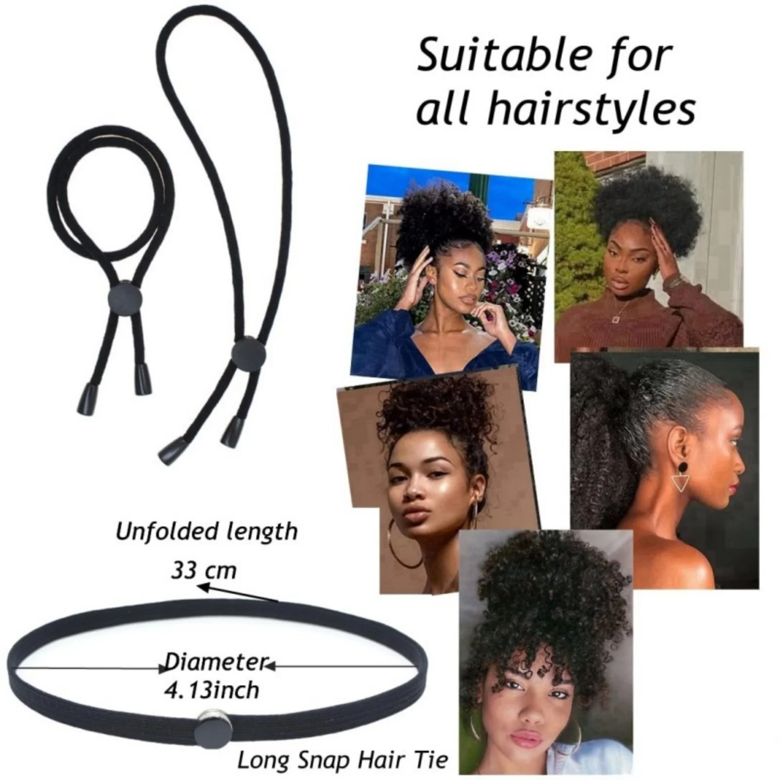 2PC New Adjustable Press -Buckle Hair Ties, Black Elastic Bands for African Puff Ponytails, Versatile Hair Accessories for Women