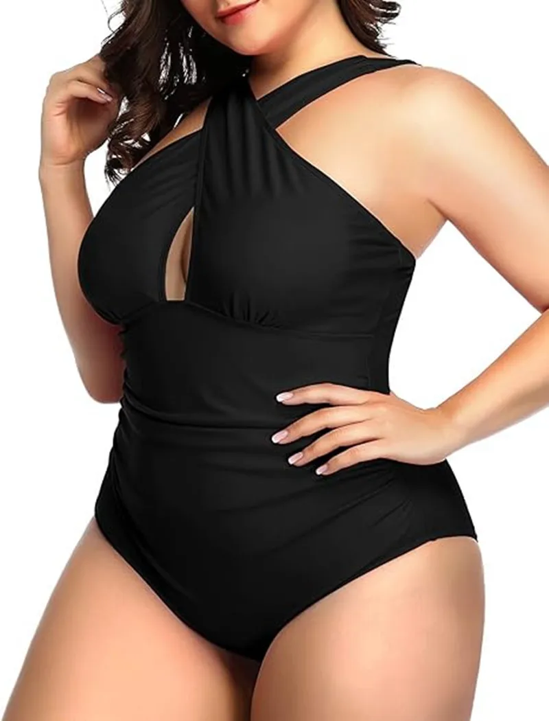 2024 Summer Women Plus Size One Piece Swimsuits Front Cross Tummy Control Black Sexy Swimwear Backless Bathing Suit Best Sellers In Plus Sized Clothing