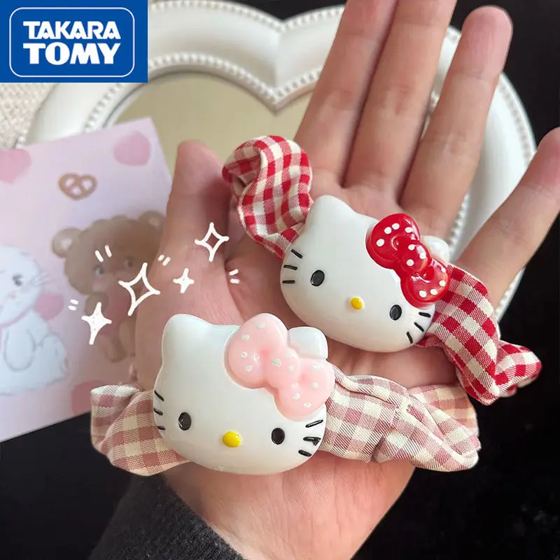 

TAKARA TOMY Girl Cute Cartoon Hello Kitty Head Rope Small Lattice Sweet and Light Carry Small Intestine Ring Rubber Band