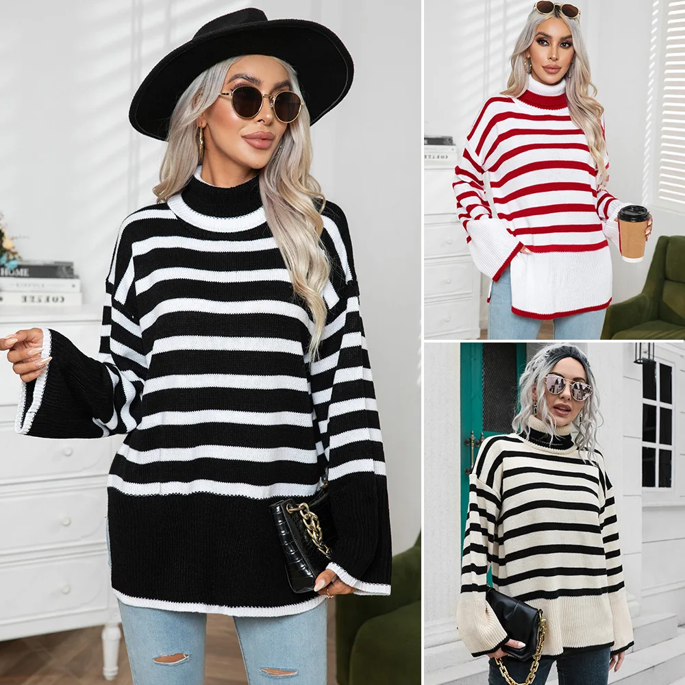 

Winter Women’s Long Sleeves Knit Sweater Turtleneck Striped Print Loose Pullover Tops 2023 New Autumn Oversized Sweater