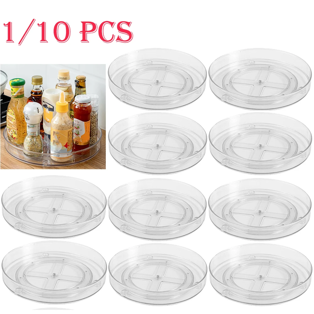 1-10Pcs Clear Turntable Storage Tray Multifunctional Spice Rack Cosmetic Storage Tray Cabinet Refrigerator Kitchen Rack