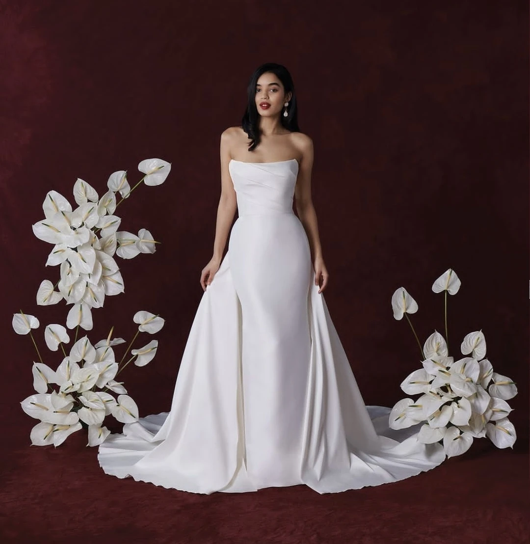 

Simple Satin Wedding Dress Counrt Train Detachable For Women Mermaid Bridal Gowns Customize To Measures Robe De Mariee Beach