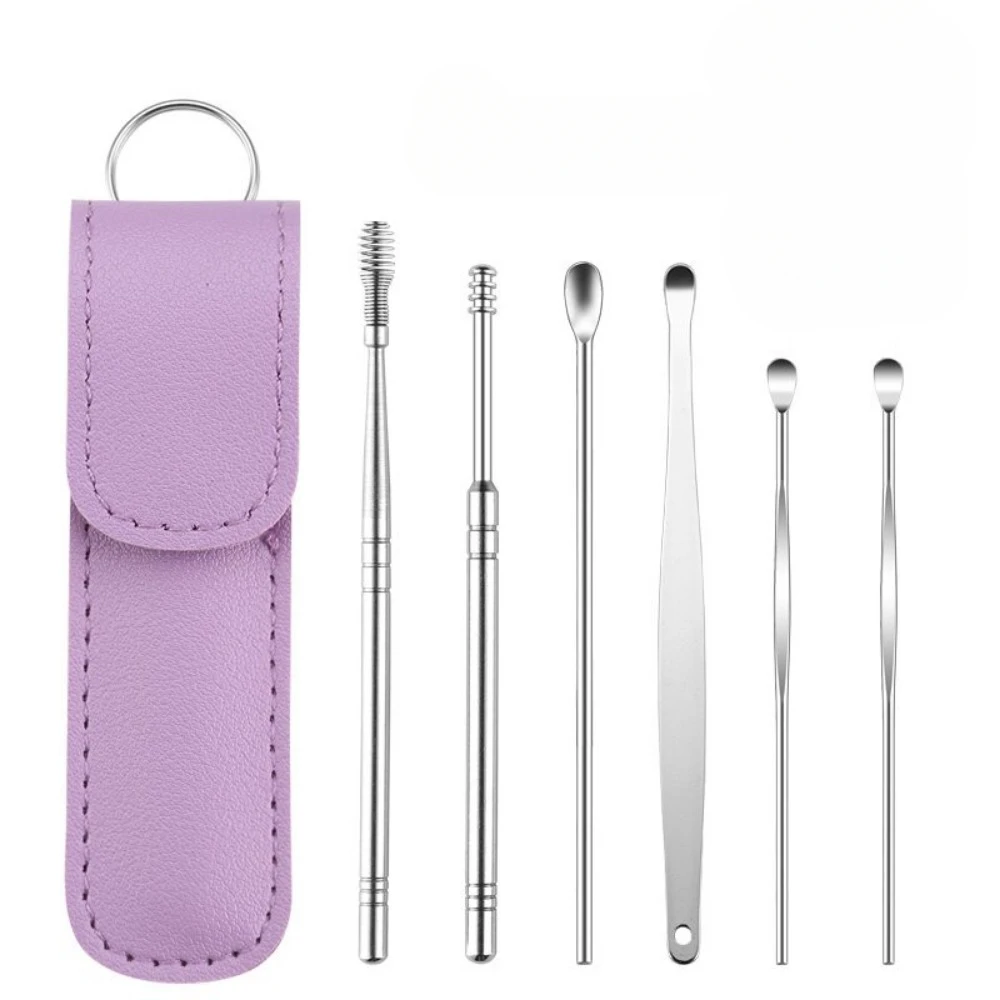 Stainless Steel Ear Digging Spoon Leather Cover 6pc Cleaner Scoop Double-Headed Spiral Cleaning Health Care Ear Picking Tool Set ear picking tools set