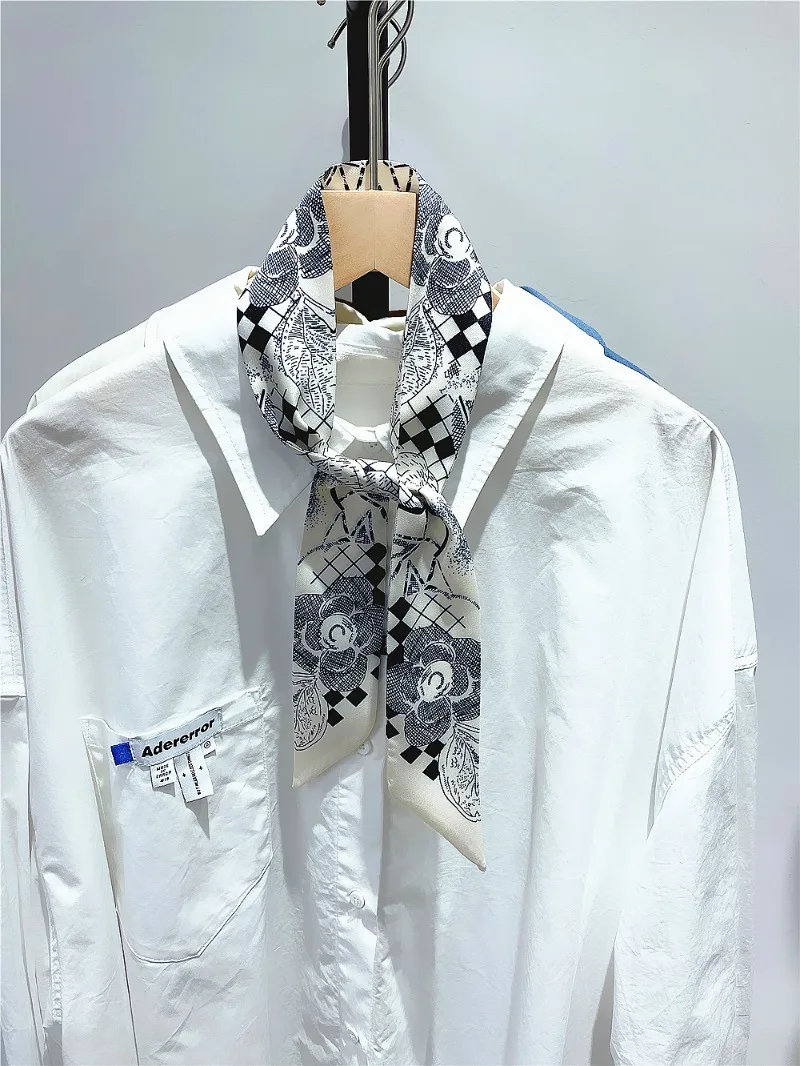 Neuer schwarz-weißer schmaler Seidenschal mit Kamelienmuster für Haarbänder, Damen-Dekoration, Twill-Seidenverpackung, Taschen, Krawatten, Seidenschal – Detail 9