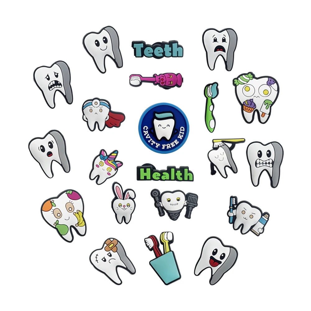 30pcs 치과 의사 치아 칫솔 모양 장식 액세서리 PVC 신발 버튼 샌들 배지 버클 액세서리 클리닉 선물