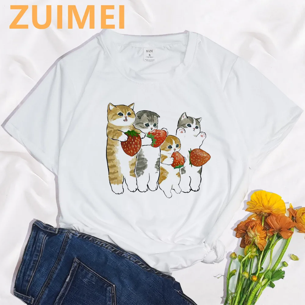 Starberry Ice Cream Cat Print Harajuku Top T-Shirt Da Donna Casual Ladies Basic O-Collar T-Shirt A Maniche Corte Bianca Ragazza, Drop Ship