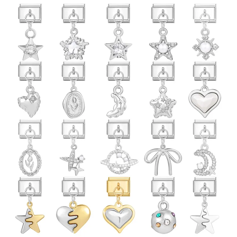 

2024 Fashion Colorful Five-Pointed Star Moon Planet Charm Italian Links Fit 9mm Bracelet Making Women Diy Jewelry