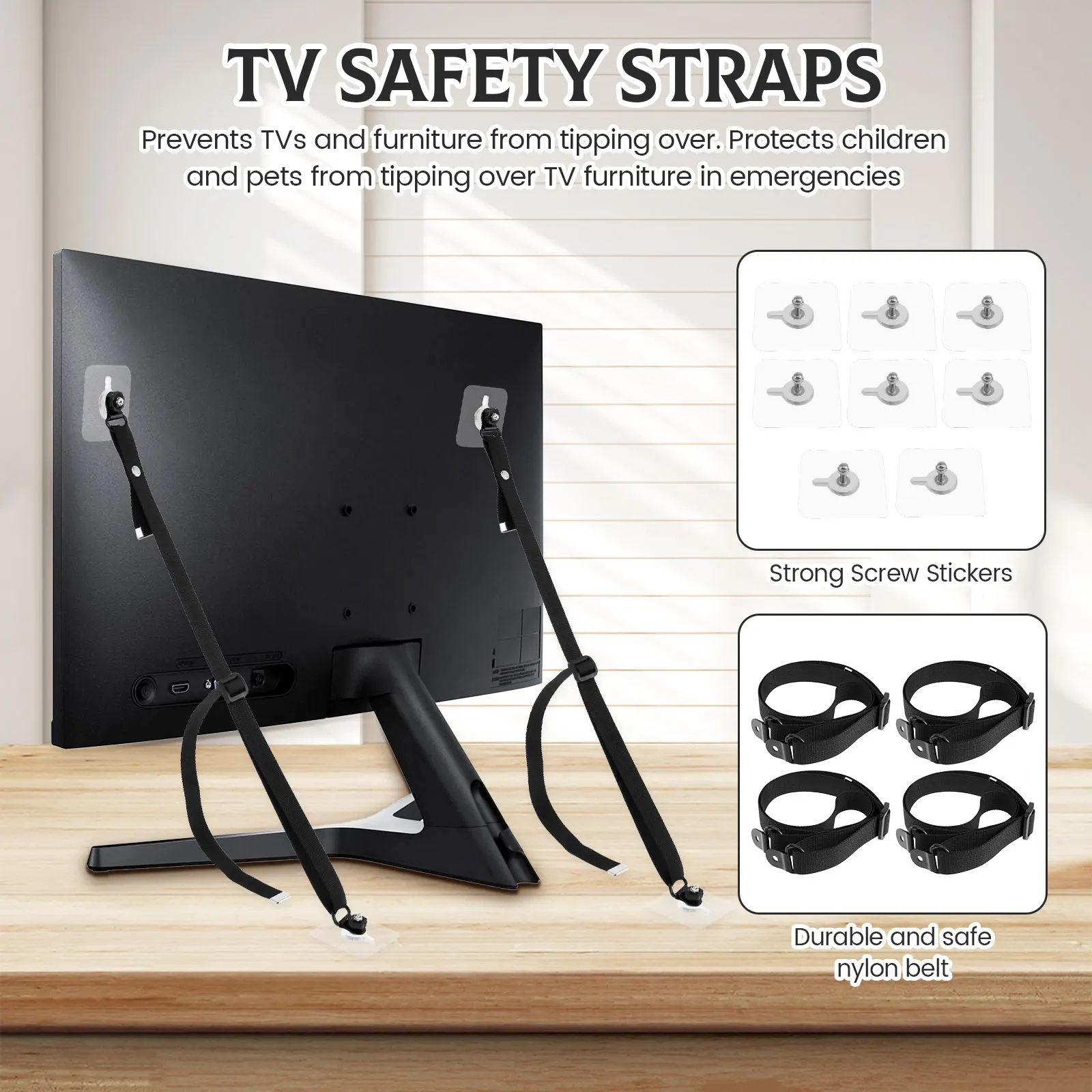 8PCS/4PCS Adjustable 5-35inch TV Safety Straps No-Drill Adhesive Anti-Tip Furniture Wall Anchors for Baby Proofing Cabinet Stand