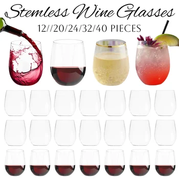 12-40Pcs 12oz Plastic Wine Glasses Disposable Stemless Wine Glasses for Party Reusable Clear Plastic Cups Shatterproof