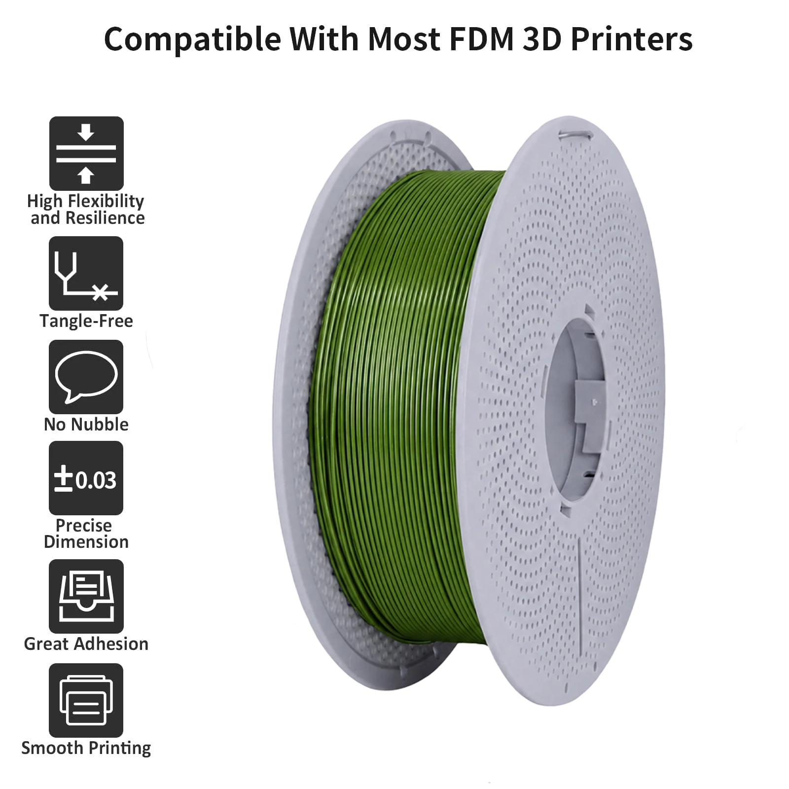 PETG 1Kg 필라멘트 1.75mm 아미 그린 색상, 초강력, 열에 강함, 무취, 1kg(2.2lbs) PETG 3D 프린터 필라멘트, 디멘시오