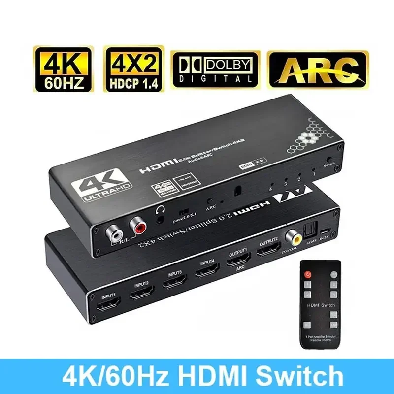 

4K 60 Гц HDMI переключатель с дистанционным управлением 4x2 HDR HDMI переключатель аудио экстрактор с ARC и IR переключателем HDMI 2,0 для PS4 TV HDTV