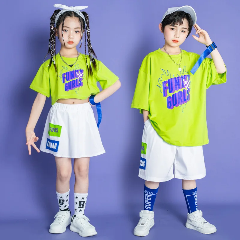 

New Kids Kpop Hip Hop Clothing Green Loose Print T-Shirt Shorts Girls Crop Top Skirt Summer Teenagers Jazz Dance Stage Costume