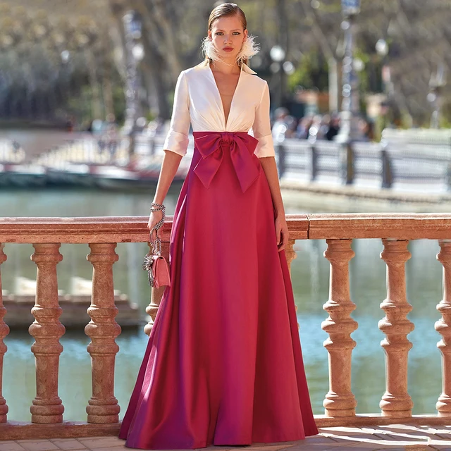 Ivory Burgundy Wedding Party Dress Deep V Neck Half Sleeves Formal Evening Gowns for Women Floor Length A Line Prom Dress Satin 1