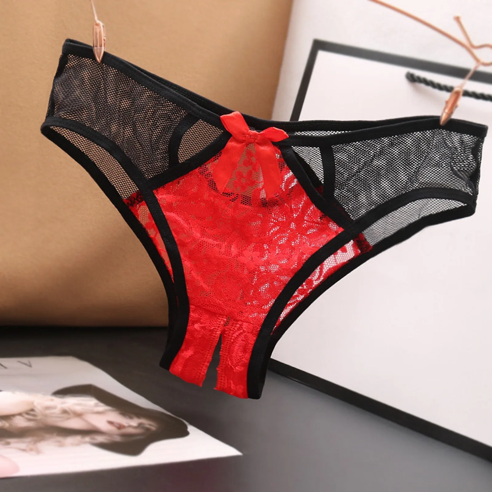 Low Womens Briefs Underpants Open Crotch Lace Underwear Waist Panties Transparent G-Strings Thongs Solid Bowknot Lace Underwear women lingerie