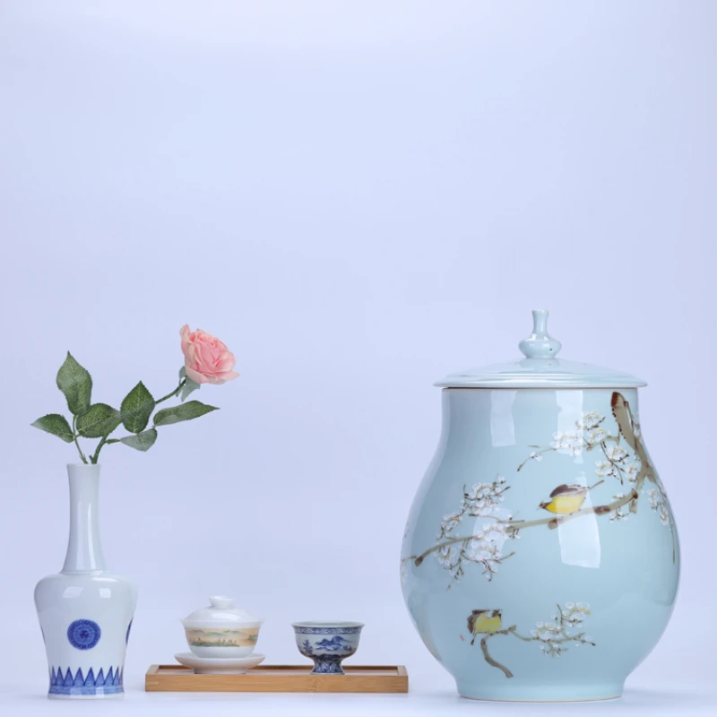 

Hand-painted underglaze plum blossom sealed ceramic tea large household Pu erh cake storage and awakening
