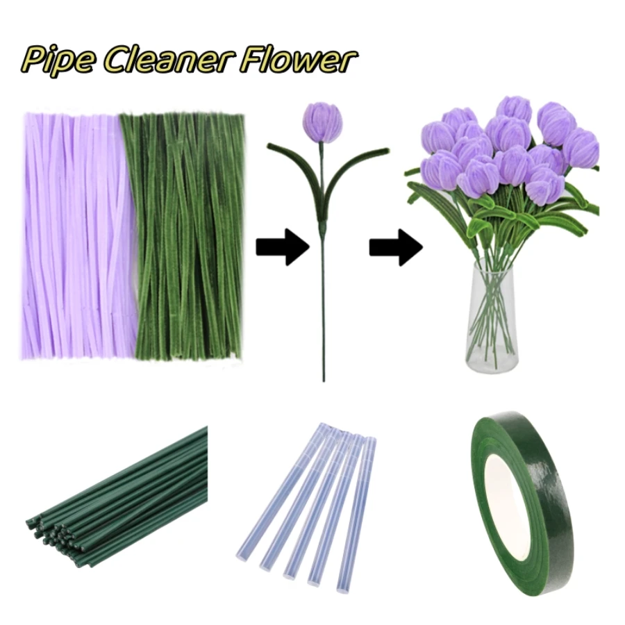 pipe cleaners flowers kit, 227pcs pipe cleaners, DIY Chenille Stems Tulip Bouquet Kit, Pipe Cleaner Flowers Crafts