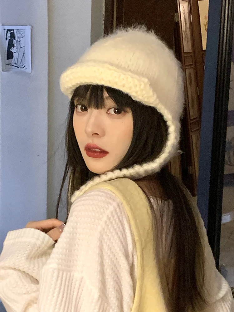 

Женская шерстяная шапка ручной вязки, осенне-зимняя простая вязаная сетчатая шапка в ретро стиле, зимняя теплая шапка с защитой ушей Lei Feng