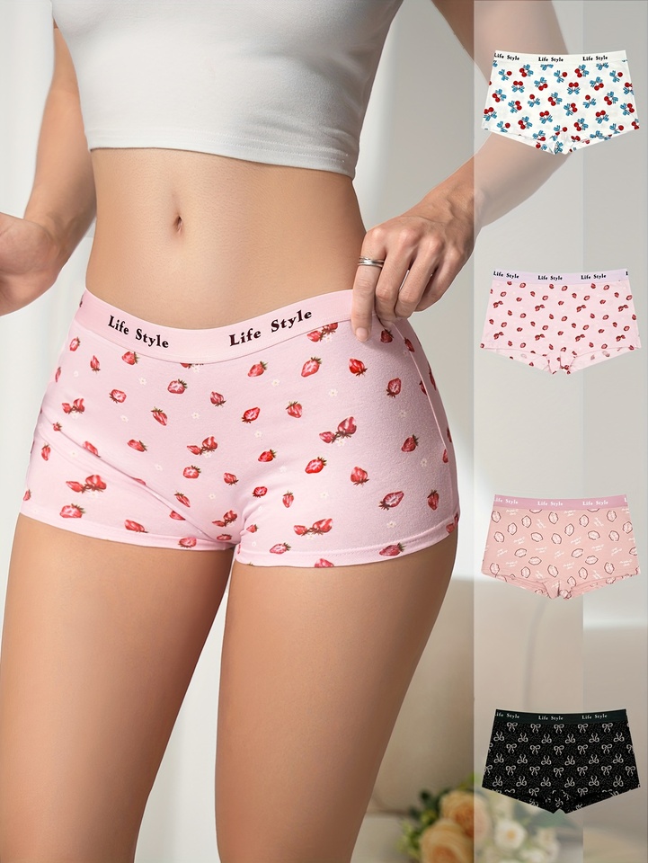 4-piece mixed-color fruit pattern cherry print women's briefs for travel, home and casual cotton comfort underwear