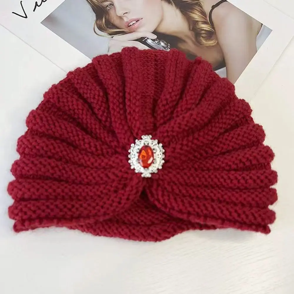 Mode Winter warme Hijab Kappen weiche dicke Böhmen Turban Diamant Schmuck Wolle Strick mützen für Frauen – Detail 3