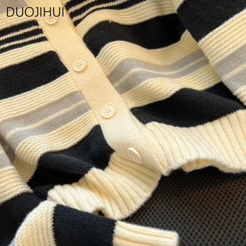 DUOJIHUI 여성용 시크 스트라이프 심플 루즈 스웨터 가디건, 가을 기본 긴팔 패션, 대비 색상, 캐주얼 여성 가디건