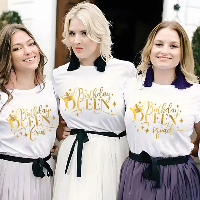 

Футболка для девочек на день рождения с изображением королевы, футболка с надписью «Friends» на день рождения, модная футболка с рисунком под золото, футболки с коротким рукавом, Y2k одежда