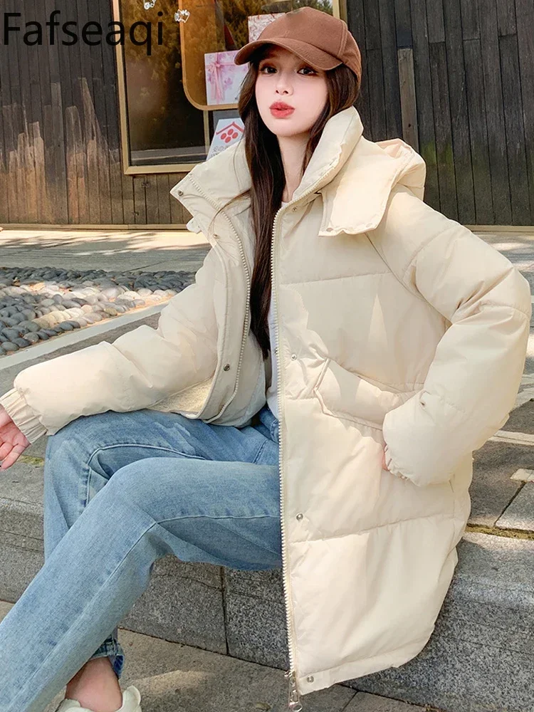 

2024 Winter Women's Quilted Long Jacket White Korean Slim Padded Coats with Hood Blue Thick Warm Down Cotton Parkas for Women