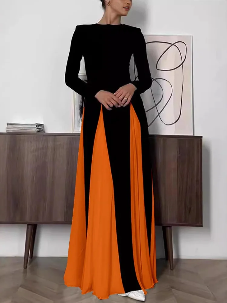 Wmstar 2025 New Women Fashionable Elegant Dress Tight A  Line Large Skirt Hem Long Sleeve Round Neck Dress Color Blocking