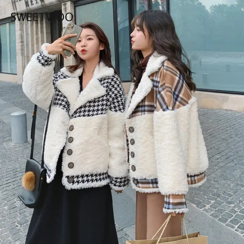 

Korean Fashion Plaid Lamb Wool Jacket Women Winter Vintage Houndstooth Luxury Designer Clothing Women Faux Fur Coat Tide 2022