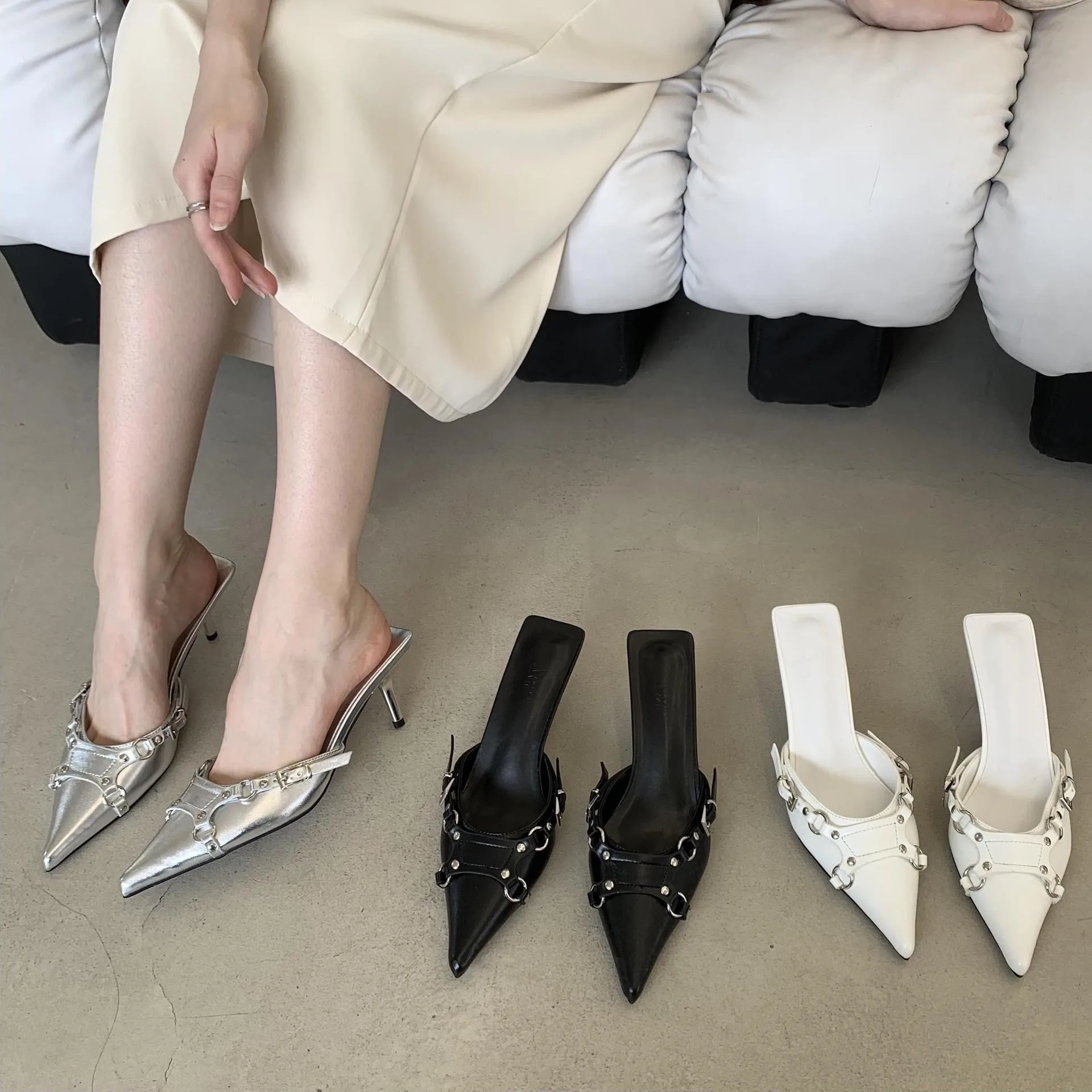 Baotou Slippers Women's  Summer New Korean Fashion Belt Buckle Pointed Thin Heel High Heel Sandals