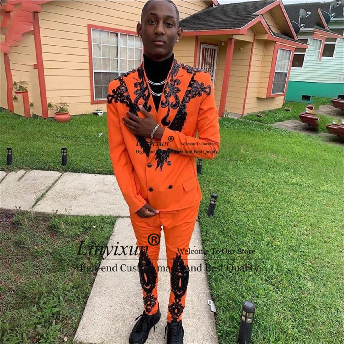 

Glitter Sequins Men Suits Fashion Orange Groom Wedding Tuxedos 2 Pieces Sets Business Male Blazers Slim Fit Party Costume Homme