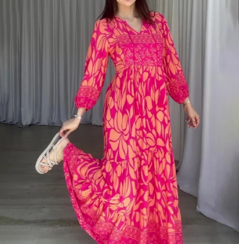 

Fashionable Floral Print Pattern Lantern Sleeve V-Neck Lace Up Pleated Waist Retro Slim Fit Temperament Casual Women's Dress