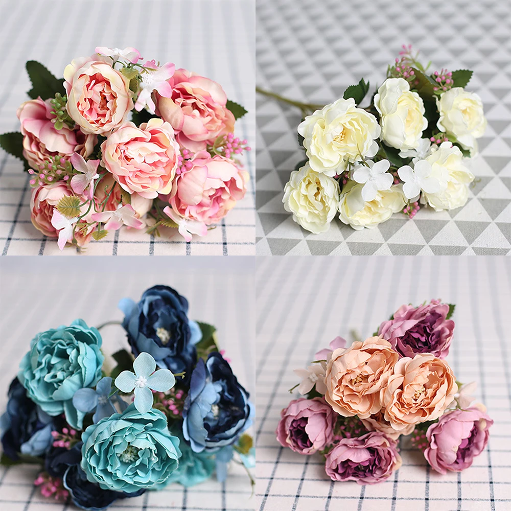 30cm 7 Heads 30cm Retro Silk Peony Bouquet Artificial Roses Flowers for Bride Flower Home Wedding Decor Fake Flowers