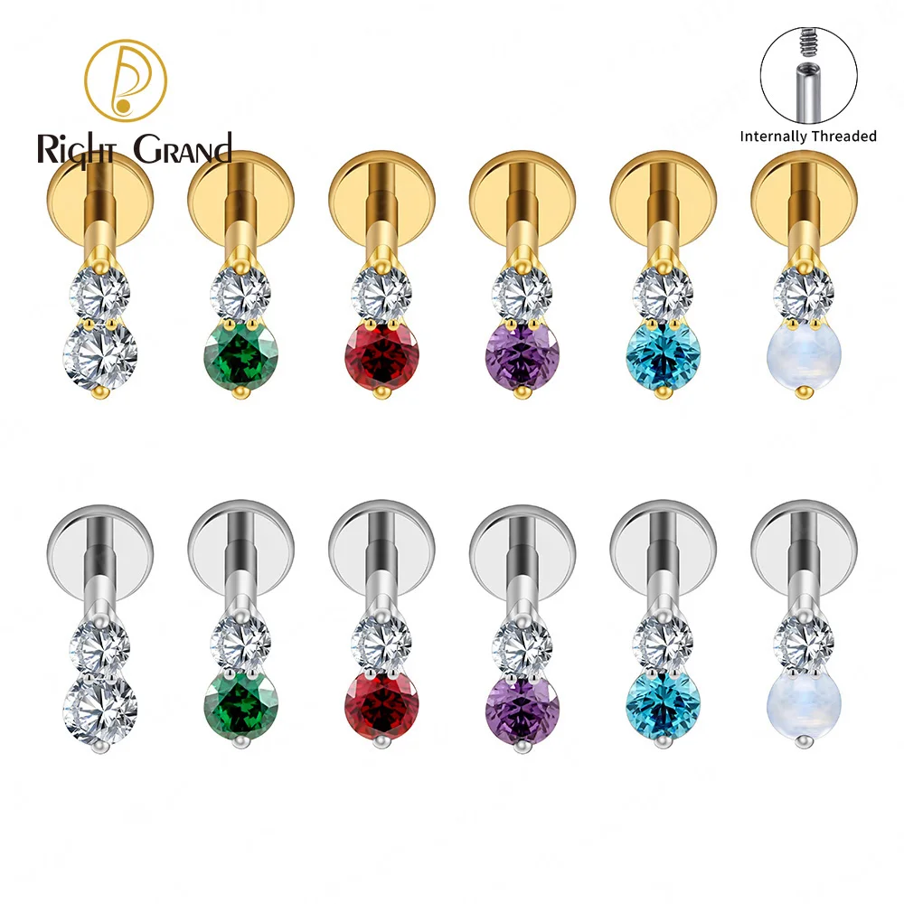 Right Grand ASTM F136 티타늄 16G 더블 CZ 연골 귀걸이, 작은 투 스톤 플랫 백 라브렛 스터드, 내부 나사산 트라거스 스터드, 헬릭스 스터드, 코 스터드 피어싱 바디 쥬얼리