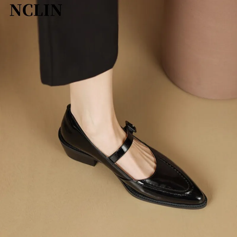 

2024 Spring/summer Mary Jane Shoes Genuine Leather Women Shoes French Pointed Toe Chunky Heel Shoes Women High Heels Women Pumps